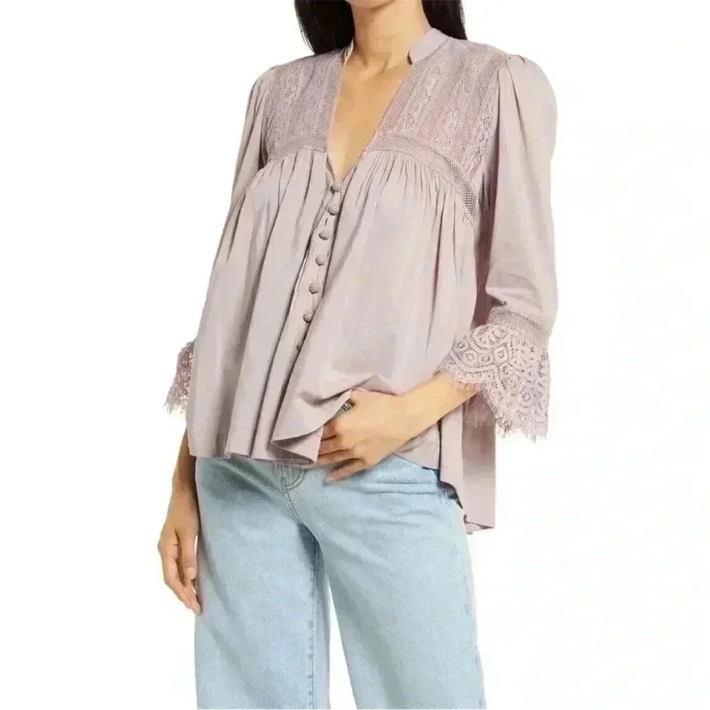 Free People Esme lavender button-up blouse.